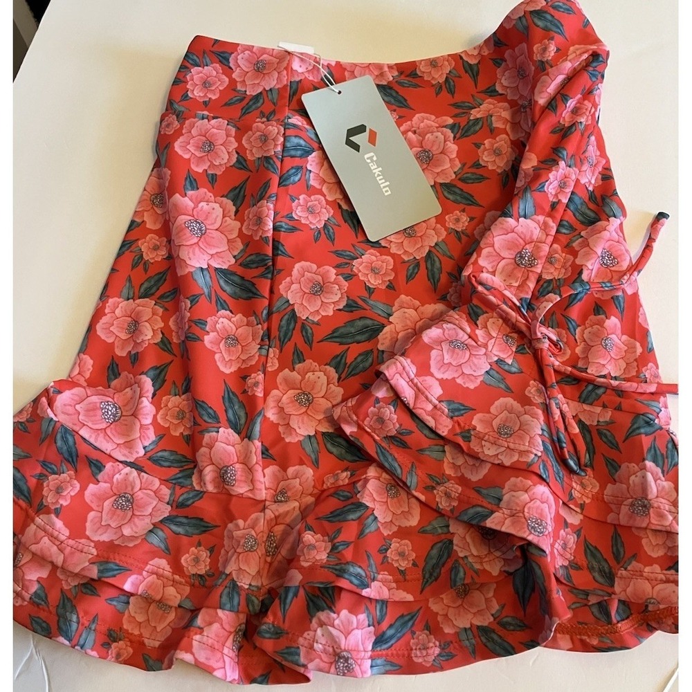 Cakulo Swimsuit Skirt Bottoms Women XS Red NEW Floral High Waisted Ruffle Skort